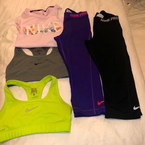 Two Nike sports bra, 2 leggings and top